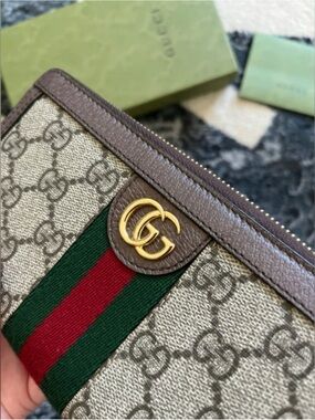 Gucci GG Stripe Continental Zip Wallet - Beige/Brown/Green/Red